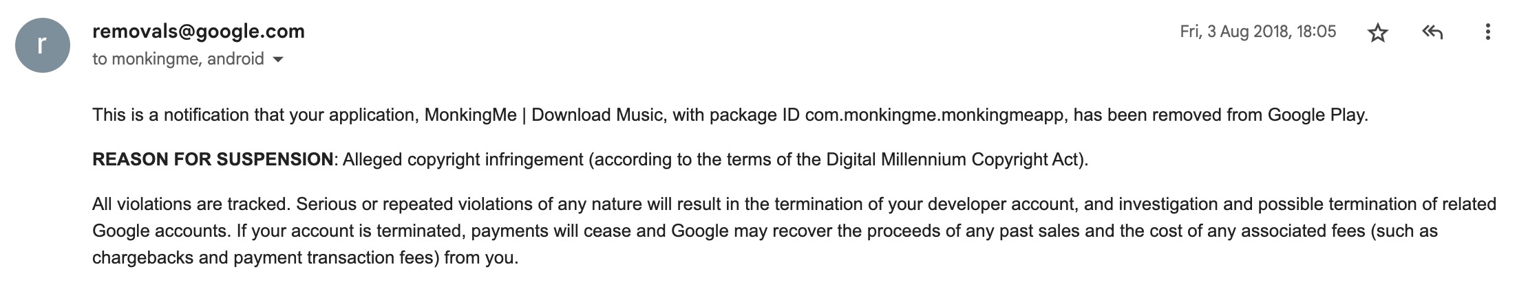 MonkingMe Play Store removal notice